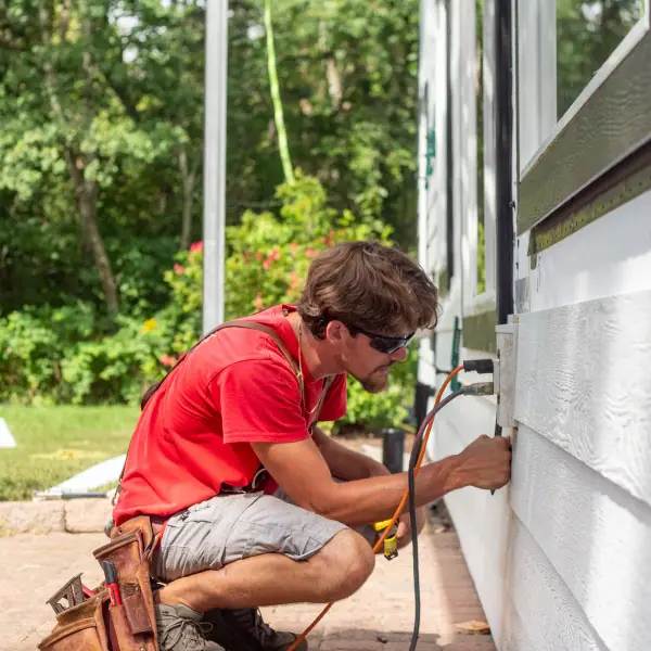 A crew member crouches to secure a white lap siding board along the lower wall of a home.