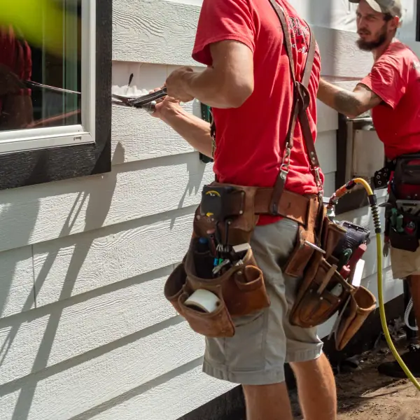 A siding crew member trims a white siding piece with snips at a window opening while a coworker looks on.